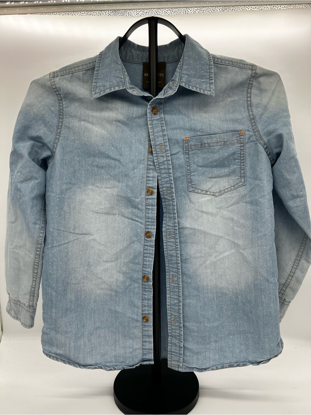 Kid’s Light Blue Denim Button-Down Shirt — Casual Washed Pocket Shirt Size 10/12